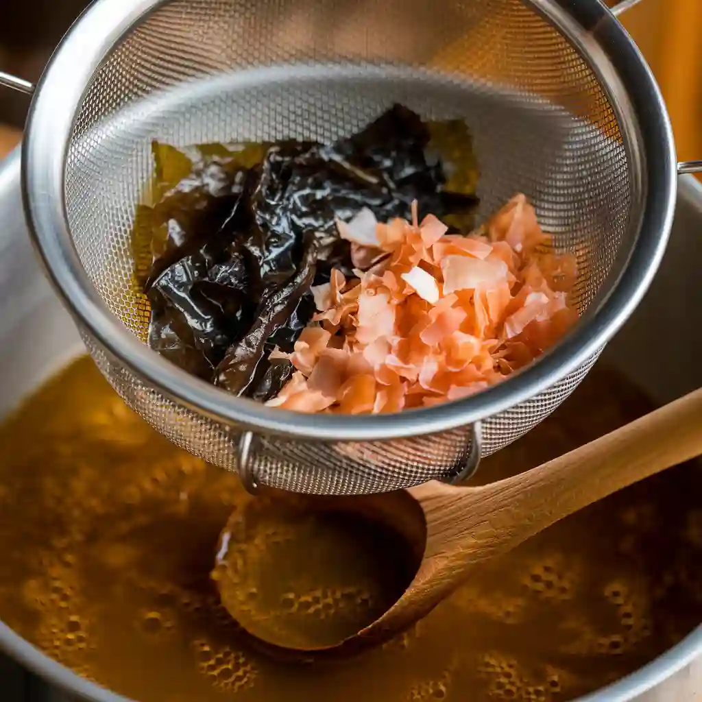 A close-up of freshly strained dashi broth with kombu and bonito flakes, creating the perfect base for Japanese soup.