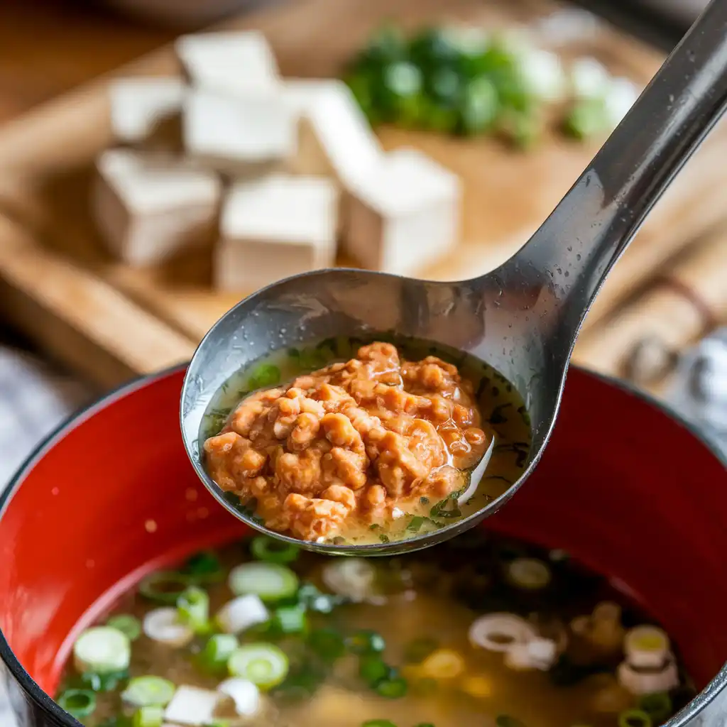 A close-up of miso paste being blended into warm broth, an essential step in making authentic Japanese soup.