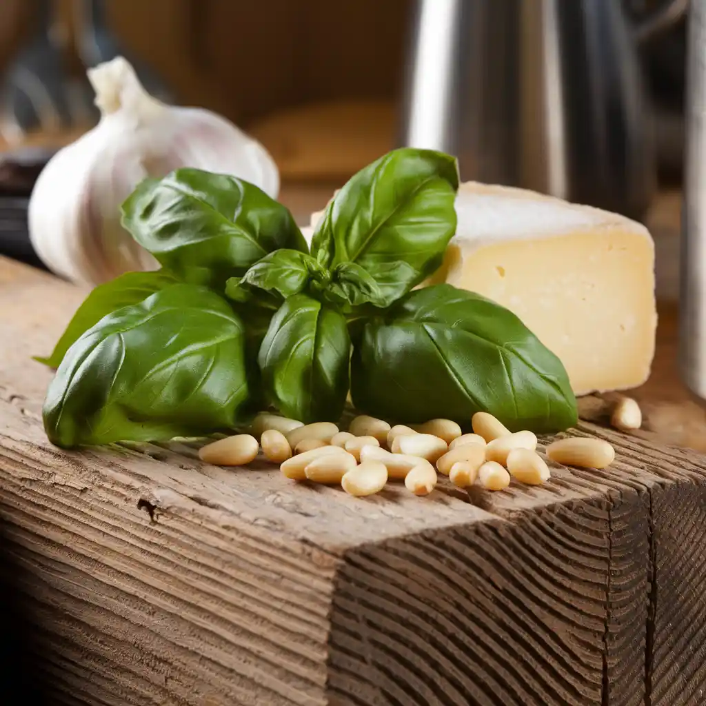 A close-up of the key ingredients for making pesto sauce: fresh basil leaves, toasted pine nuts, garlic, grated Parmesan cheese, and extra virgin olive oil, arranged on a rustic wooden surface.