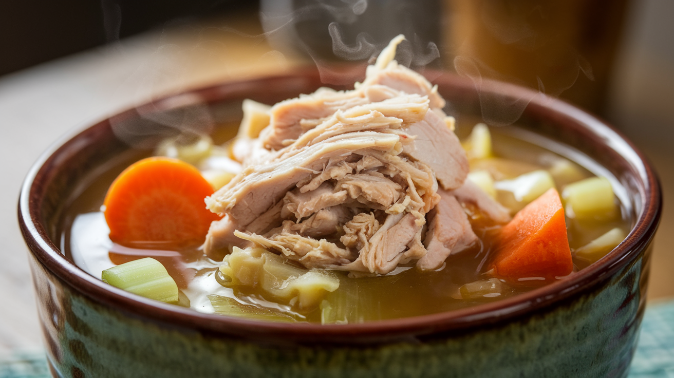 A steaming bowl of homemade turkey soup with shredded turkey, carrots, and celery in a rich golden broth.