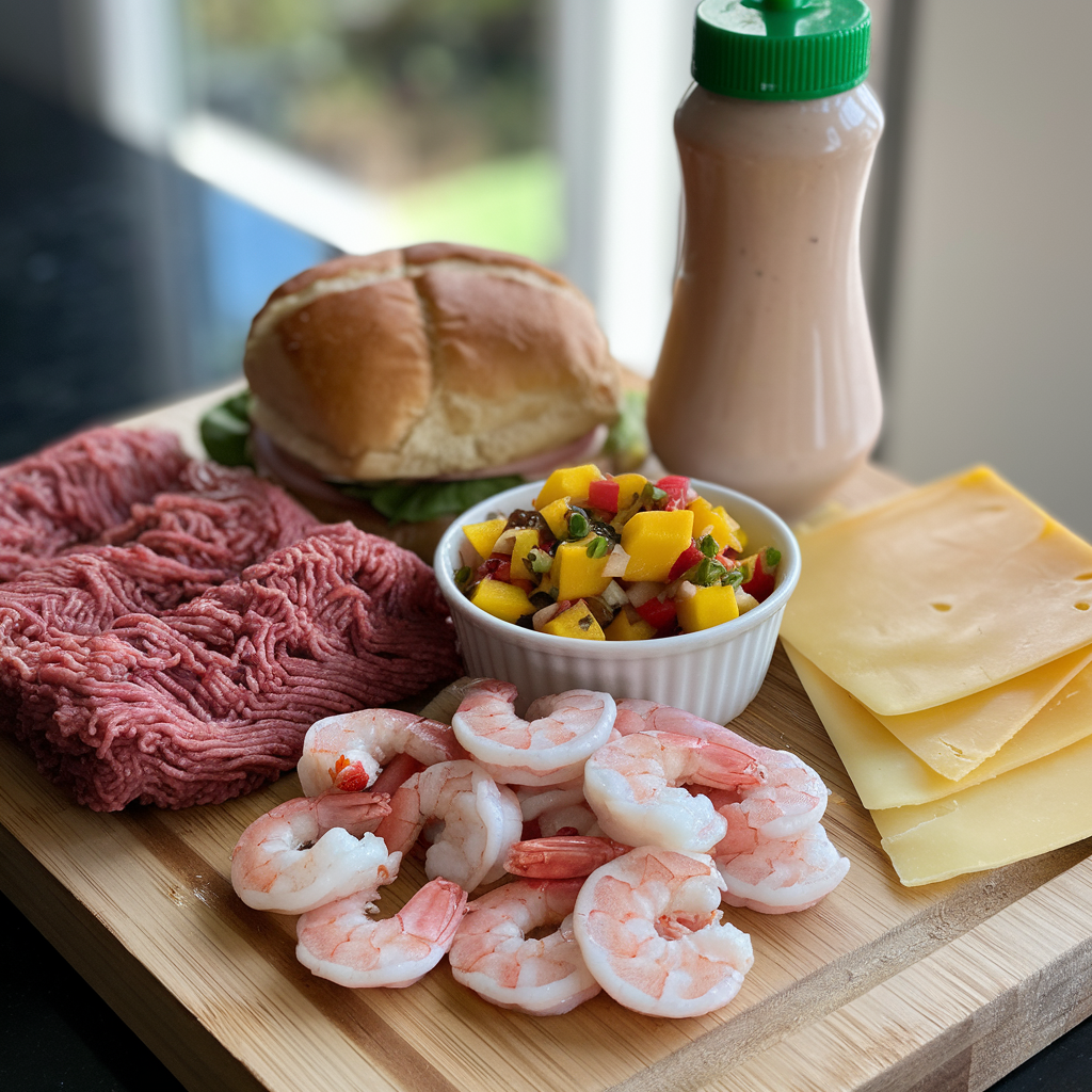 A zoomed-in shot of ground beef, chopped shrimp, a potato bun, Swiss cheese, mango salsa, and chipotle mayo arranged on a wooden cutting board.
