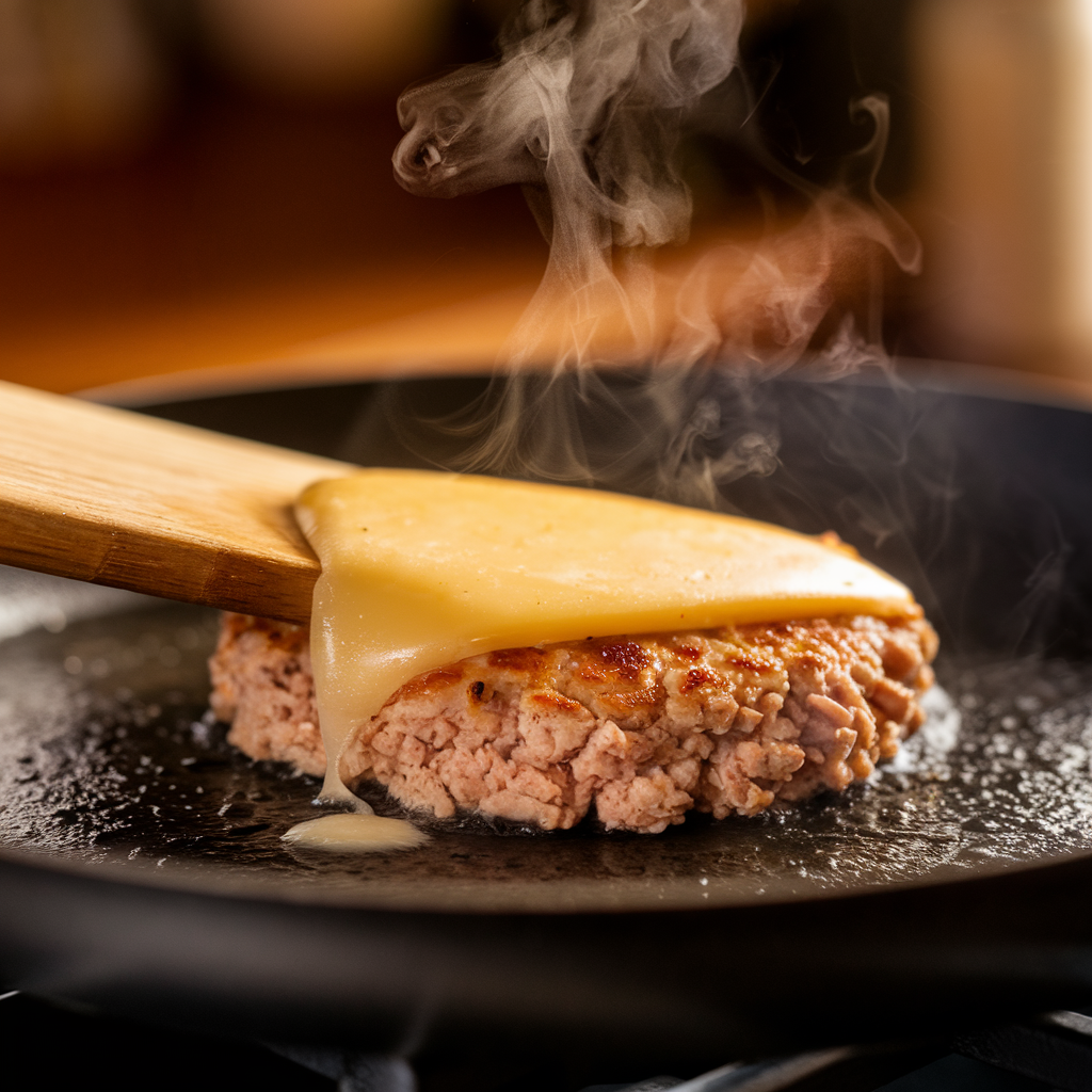 A zoomed-in shot of a golden-brown ground chicken patty sizzling in a pan with melted pepper jack cheese on top.