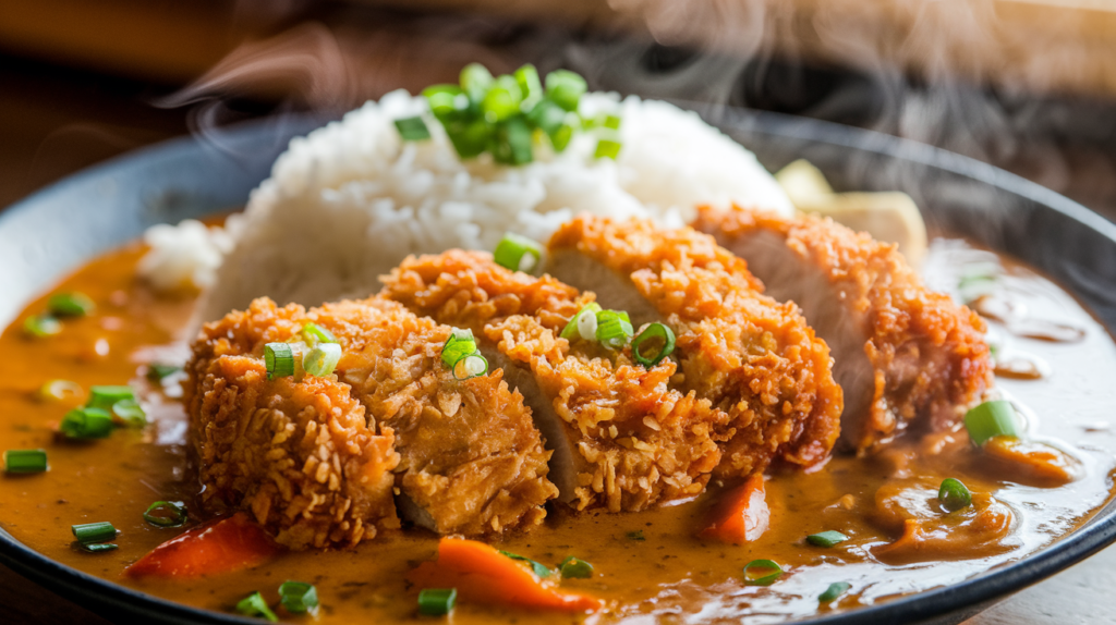 A close-up of Japanese katsu curry with crispy breaded chicken cutlet, thick curry sauce, and fluffy white rice, garnished with green onions.