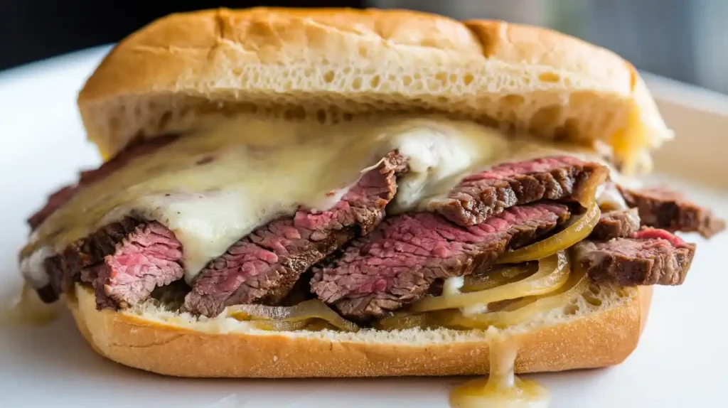 Extreme close-up of a freshly made Philly cheesesteak with melted provolone, thinly sliced ribeye, and caramelized onions in a hoagie roll.