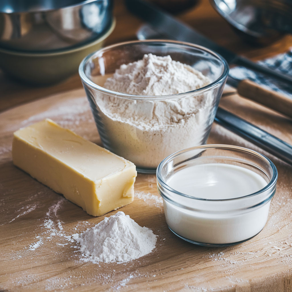 A zoomed-in shot of flour, butter, buttermilk, and baking powder arranged on a wooden surface, ready for biscuit preparation.