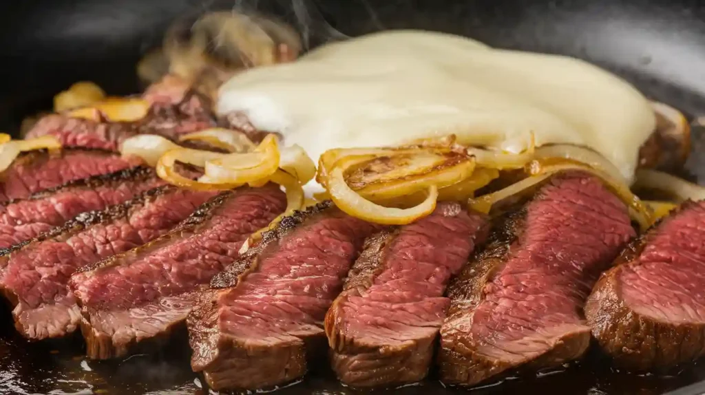 Zoomed-in view of fresh ingredients for a Philly cheesesteak, including raw ribeye steak, hoagie rolls, onions, and provolone cheese.