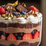 A close-up of a Dubai Chocolate Berry Trifle in a glass bowl, showing layers of chocolate cake, chocolate custard, fresh berries, and saffron-infused whipped cream, topped with pistachios, chocolate shavings, and edible gold flakes.