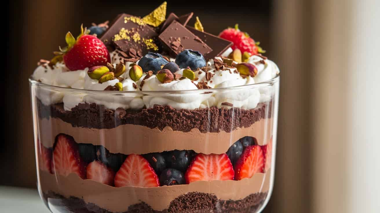 A close-up of a Dubai Chocolate Berry Trifle in a glass bowl, showing layers of chocolate cake, chocolate custard, fresh berries, and saffron-infused whipped cream, topped with pistachios, chocolate shavings, and edible gold flakes.