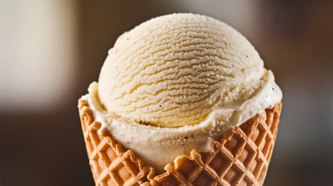 A close-up of creamy vanilla bean ice cream in a waffle cone, made with a Ninja Creami, showing specks of vanilla bean and smooth texture.