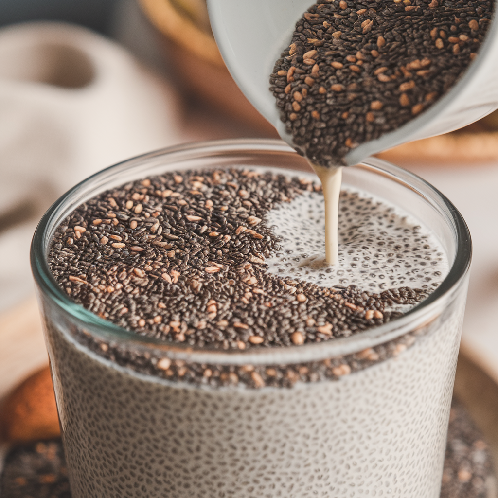 A close-up shot of chia seeds being stirred into almond milk, showing the beginning of the thickening process.