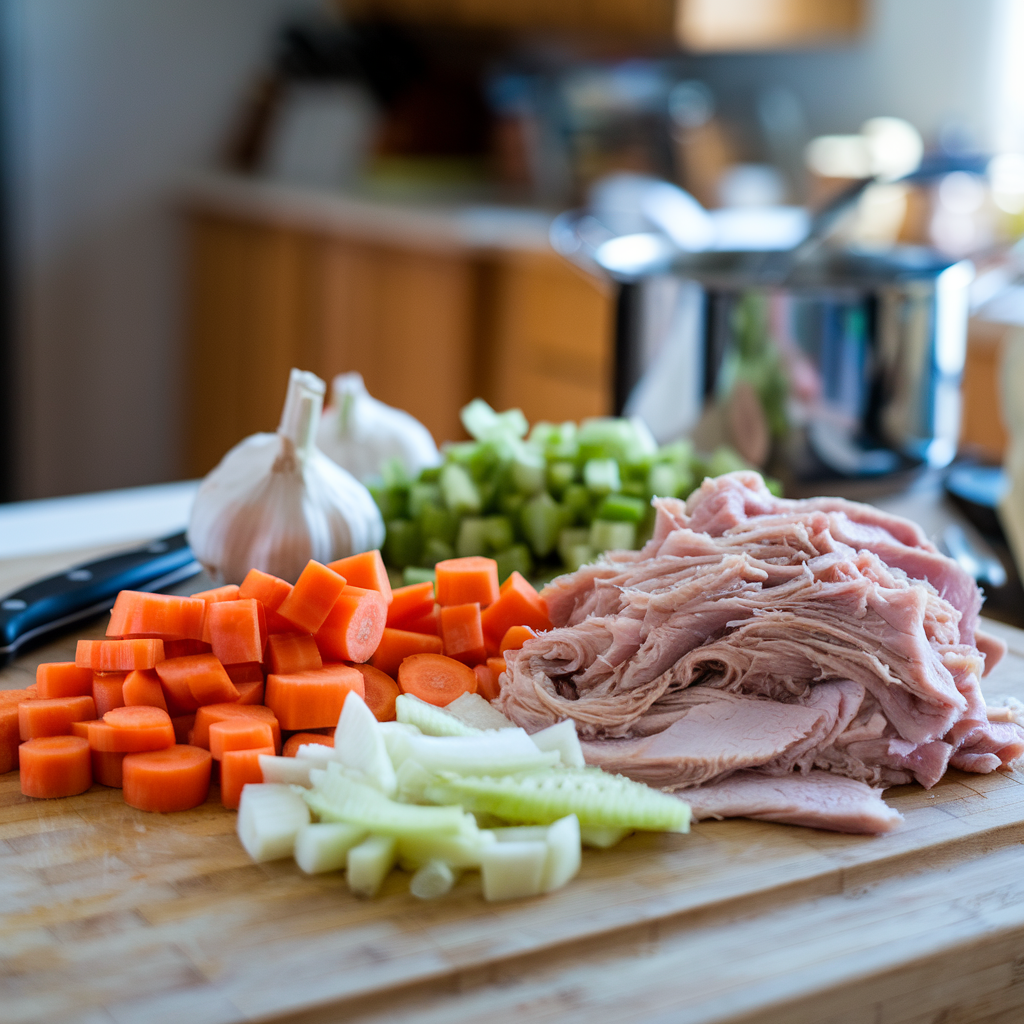 Chopped turkey, carrots, celery, and garlic on a wooden cutting board.