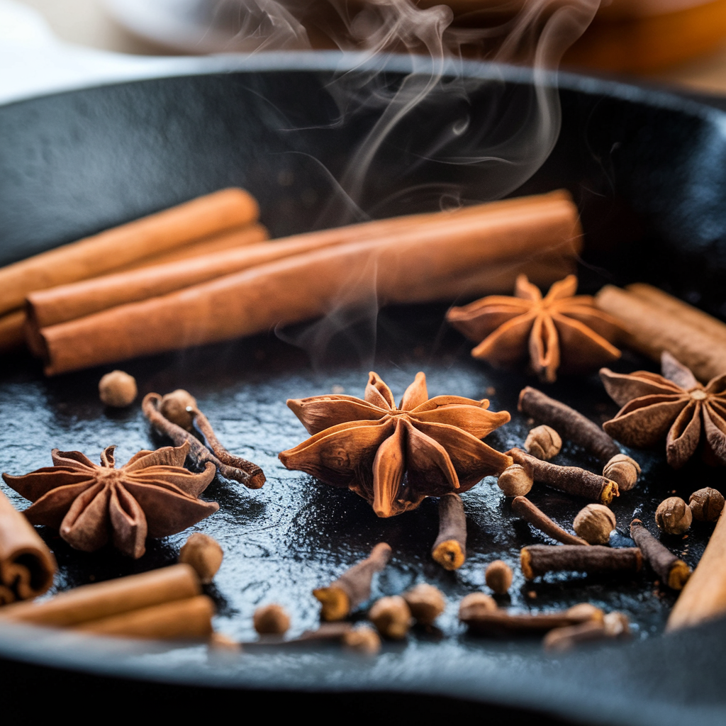 A close-up of whole spices, including star anise, cinnamon, and cloves, being toasted in a pan for homemade pho broth.