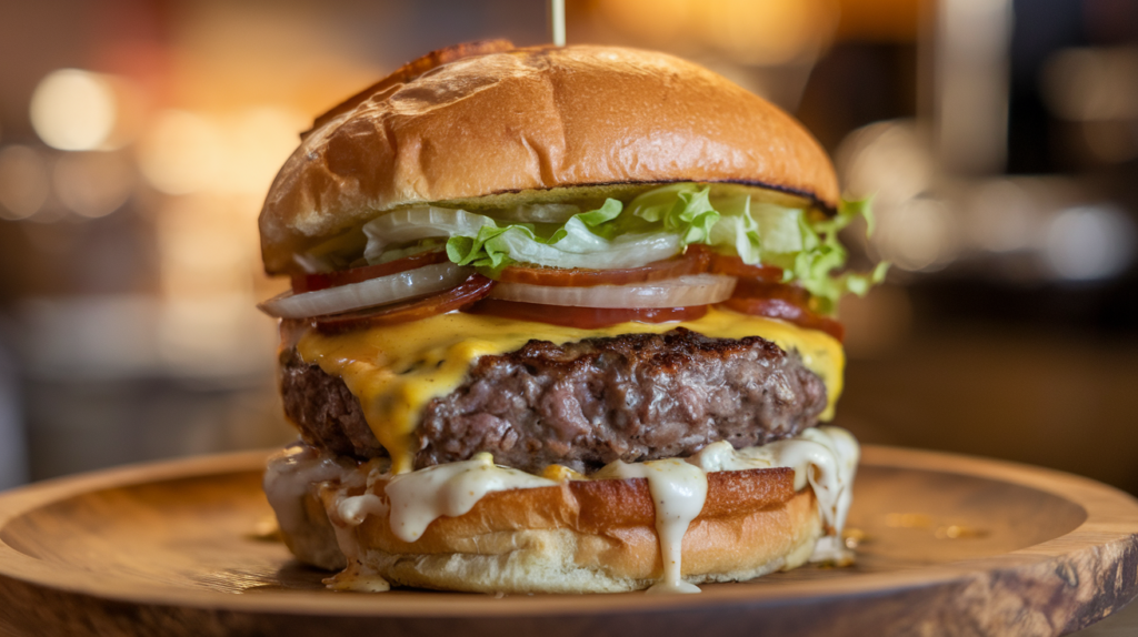 A close-up of a gourmet burger with a seared patty, melted cheese, fresh lettuce, caramelized onions, and a toasted brioche bun on a wooden plate.