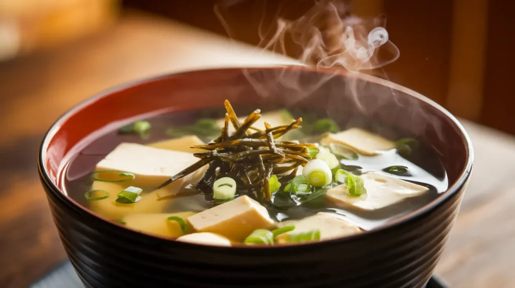 A close-up of a steaming bowl of homemade miso soup with tofu cubes, wakame seaweed, and scallions floating in a rich, umami broth.