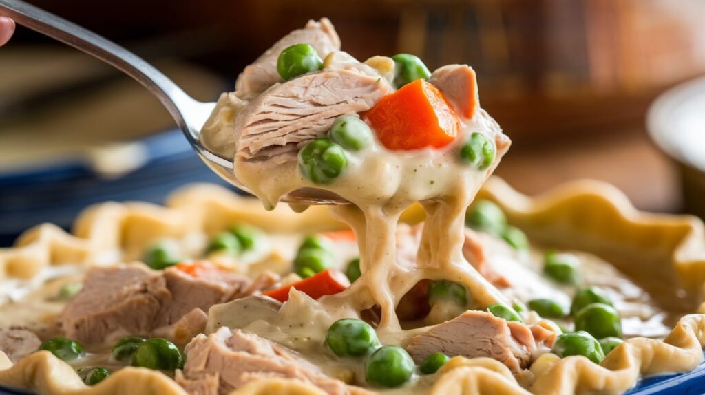 Close-up of a spoon lifting creamy turkey pot pie filling with tender turkey, peas, carrots, and thick sauce.