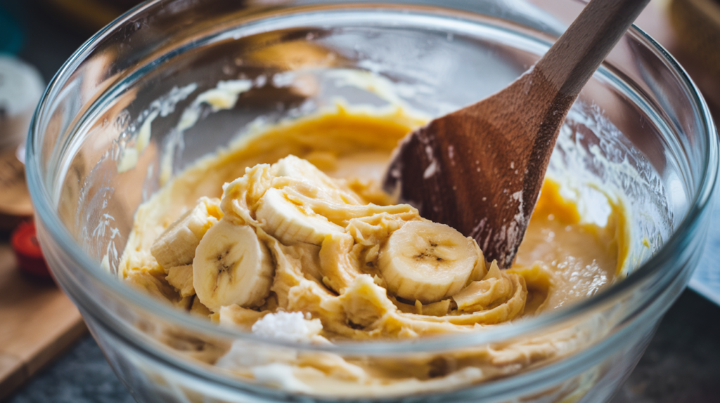 Mixing mashed bananas with melted butter and sugar in a glass bowl for banana bread batter.