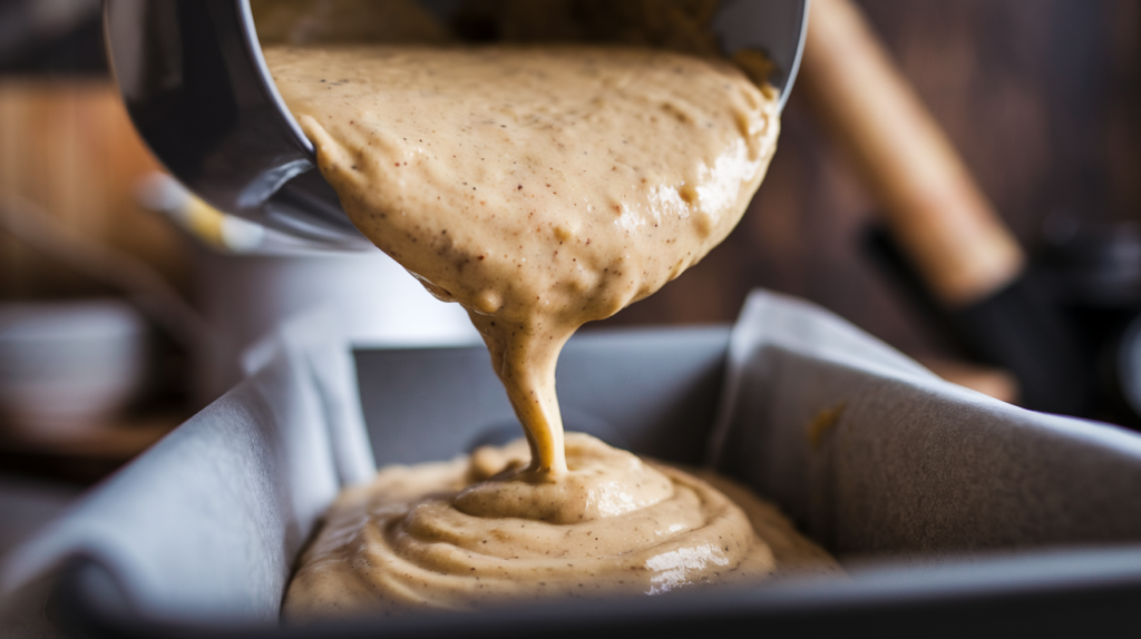 Banana bread batter being poured into a parchment-lined loaf pan, ready to bake.