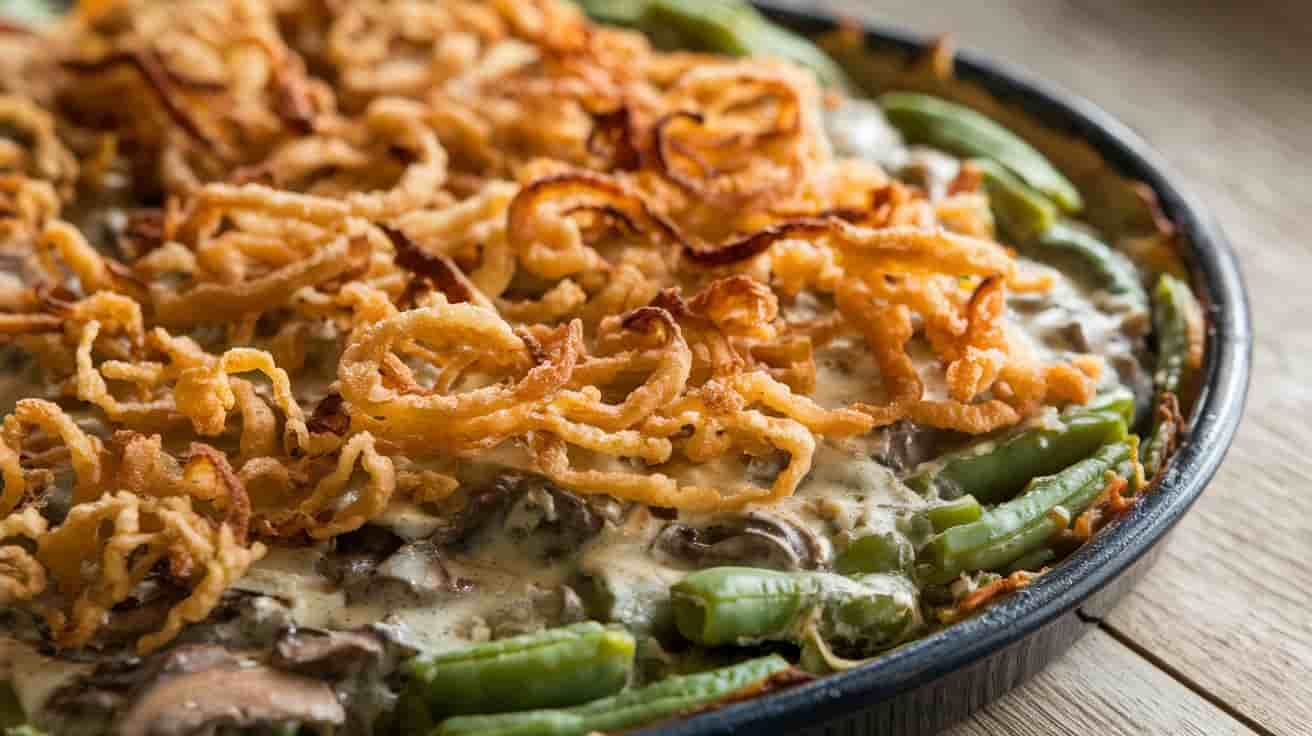 Close-up of a homemade green bean casserole with crispy fried onions on top, revealing creamy mushroom sauce and tender green beans.