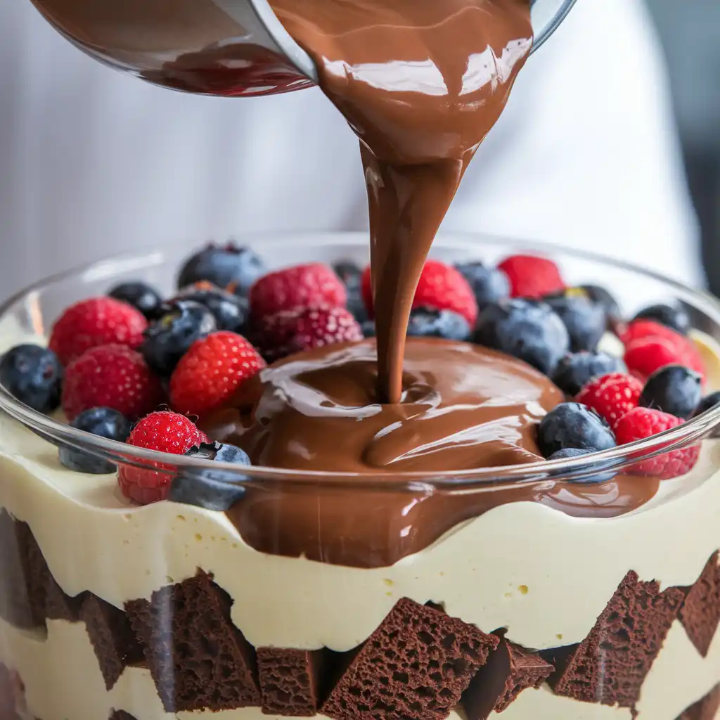 A very zoomed-in shot of the layering process of Dubai Chocolate Berry Trifle, showing chocolate cake cubes at the bottom of a glass bowl, with thick chocolate custard being poured over them and fresh berries scattered on top.