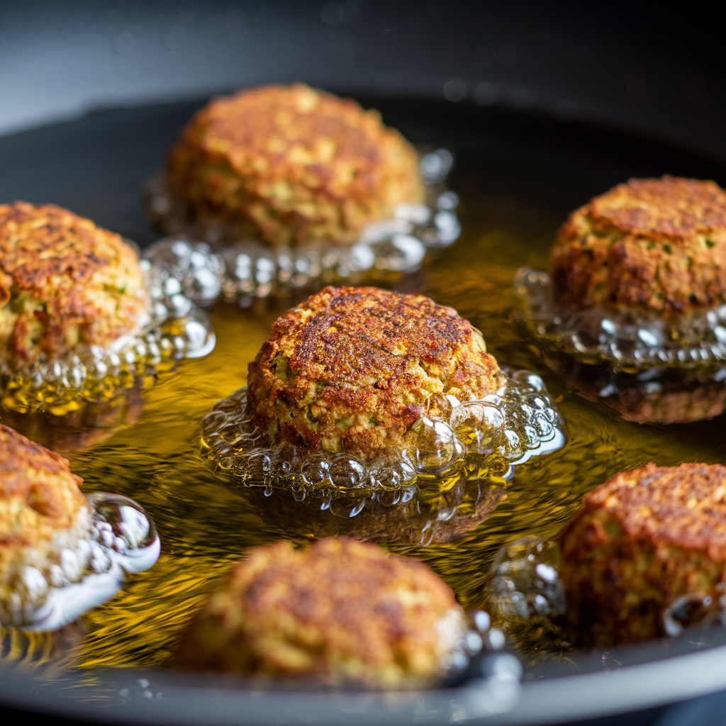 A close-up of falafel balls frying in hot oil, surrounded by tiny bubbles as they turn golden brown.