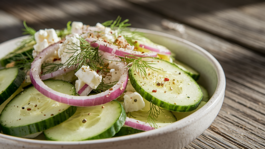 A close-up photo of a freshly prepared cucumber salad with crisp cucumber slices, red onions, fresh dill, and crumbled feta cheese, coated in a glossy dressing, garnished with black pepper and red pepper flakes.