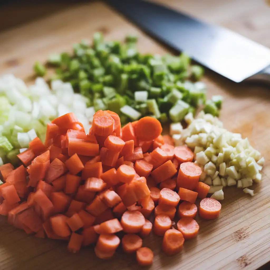 A zoomed-in shot of freshly chopped carrots, celery, onions, and minced garlic on a wooden cutting board.