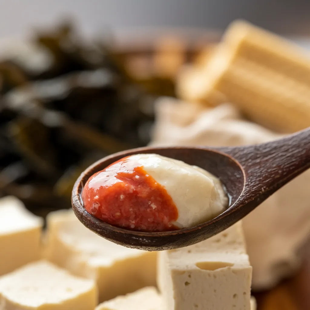 A zoomed-in view of miso paste in a wooden spoon, with dried wakame, tofu, and kombu dashi in the background.