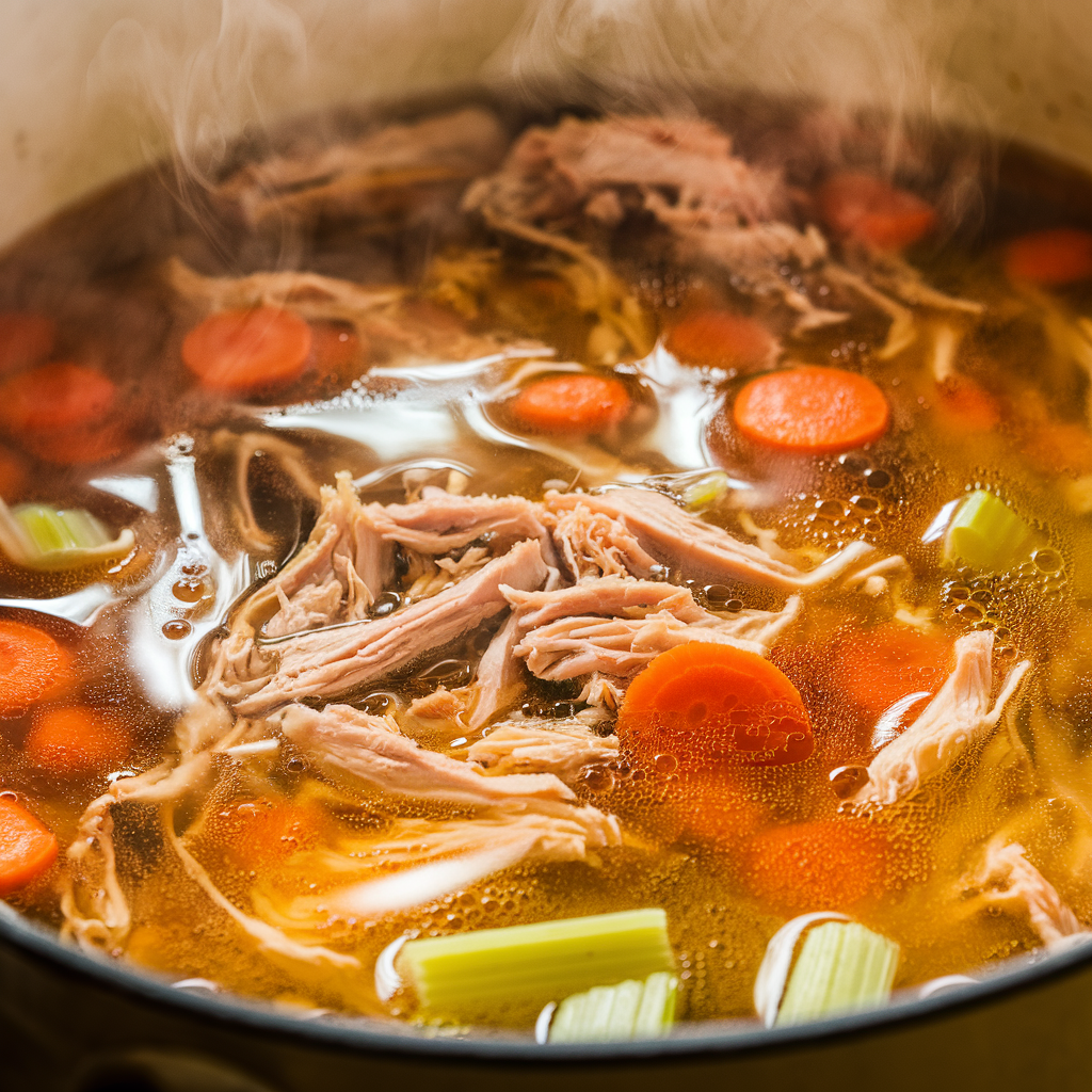 Turkey soup gently simmering in a pot with steam rising from the golden broth.