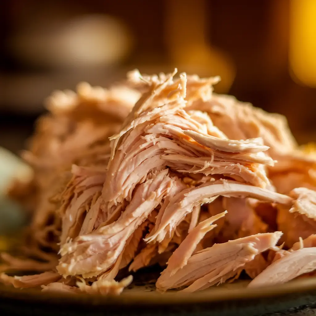 A close-up of freshly shredded chicken, highlighting its tender and moist texture.