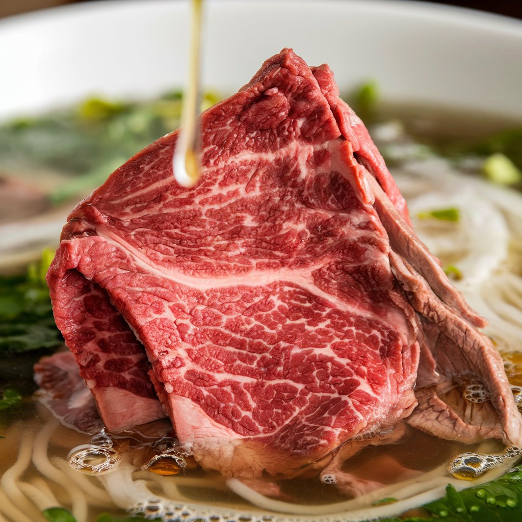 A close-up of thinly sliced raw beef being cooked by the steaming hot broth in a bowl of pho.