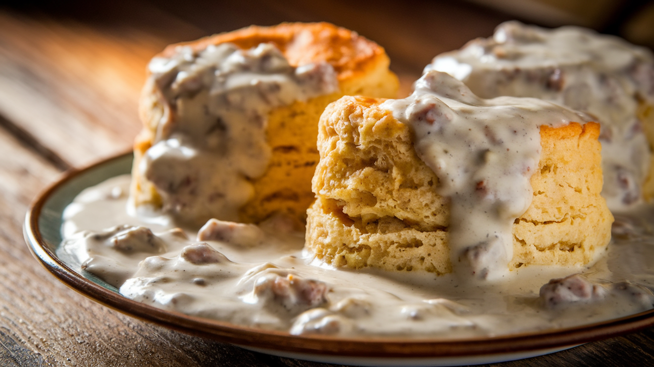 A close-up of freshly baked biscuits smothered in creamy sausage gravy, showing flaky layers and a rich, savory texture.