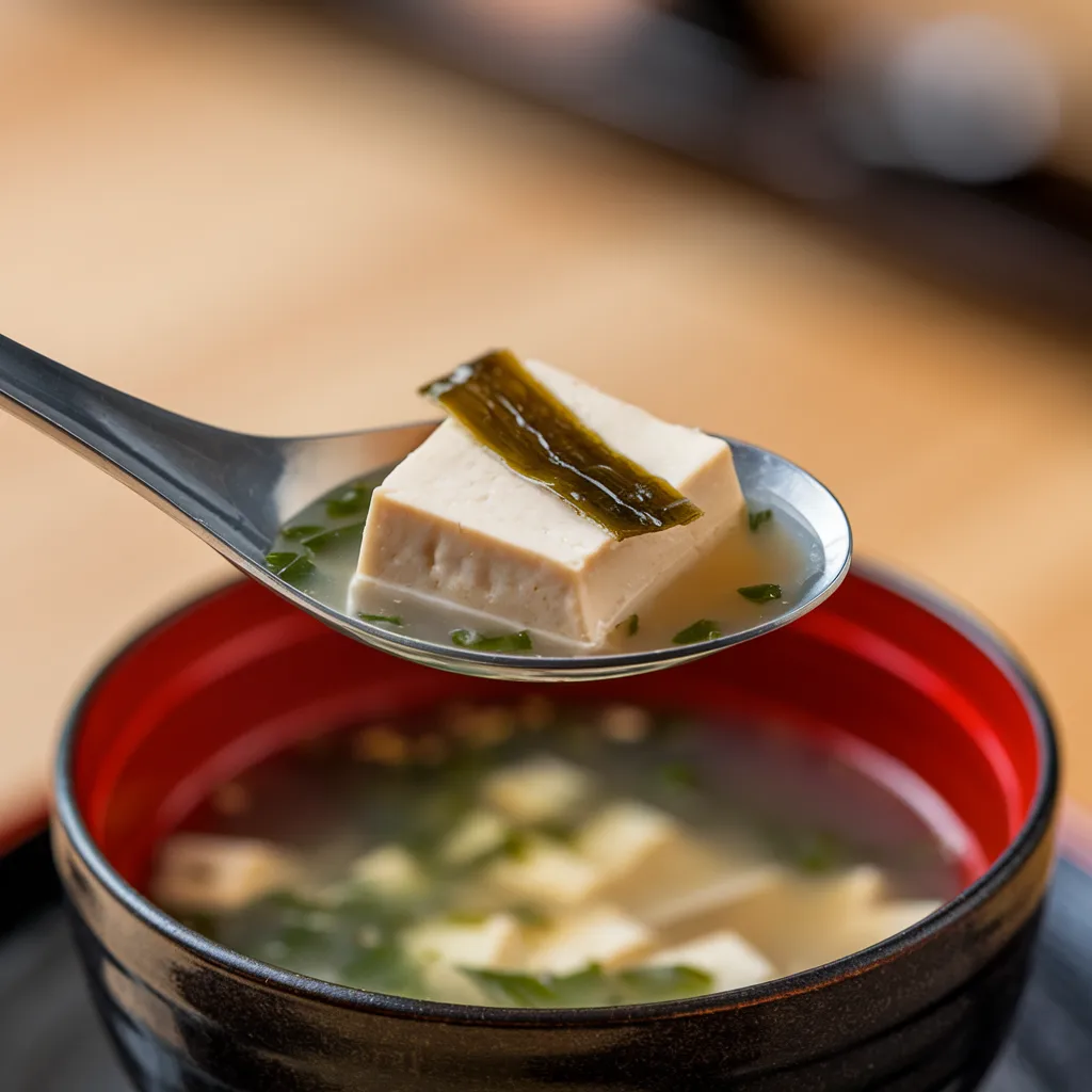 A close-up of a spoonful of miso soup, featuring soft tofu, wakame seaweed, and miso particles in the broth.