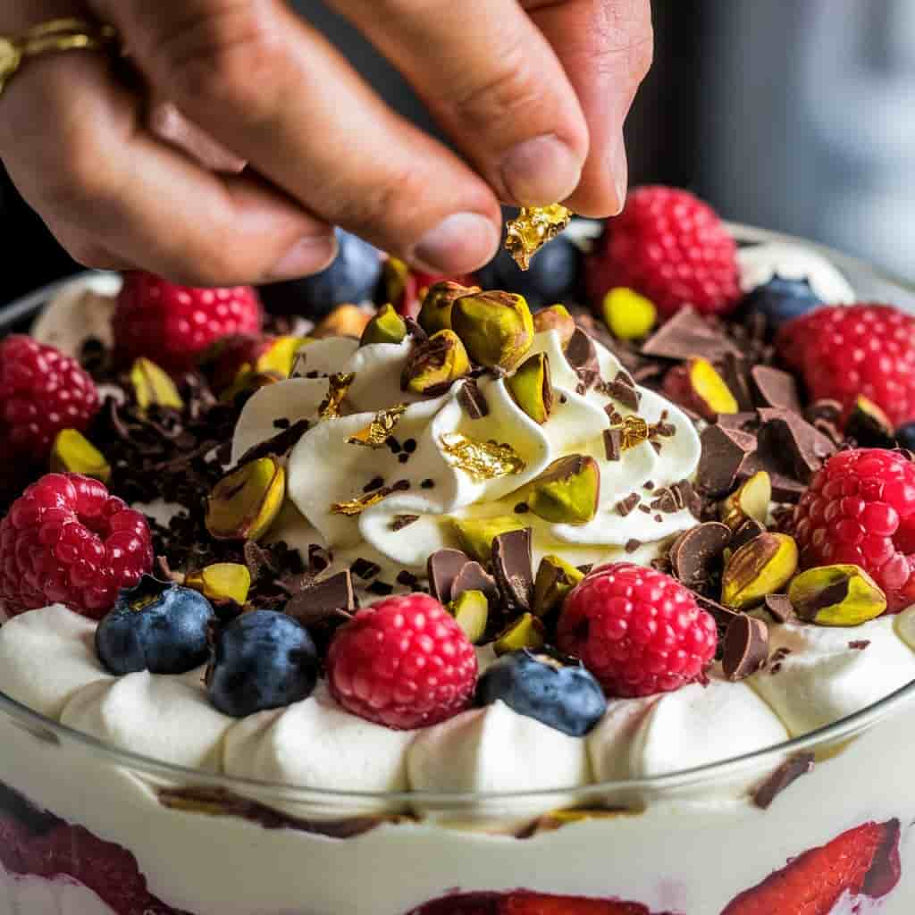 A close-up of a hand sprinkling chopped pistachios and chocolate shavings over the whipped cream topping of a Dubai Chocolate Berry Trifle, with edible gold flakes adding a luxurious touch.