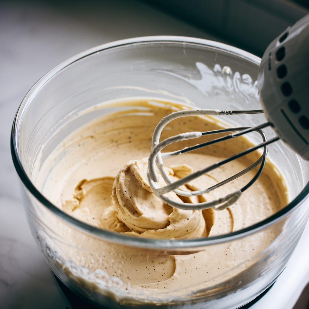 A close-up of a glass mixing bowl with a creamy vanilla ice cream base being whisked, showing specks of vanilla bean and smooth texture.