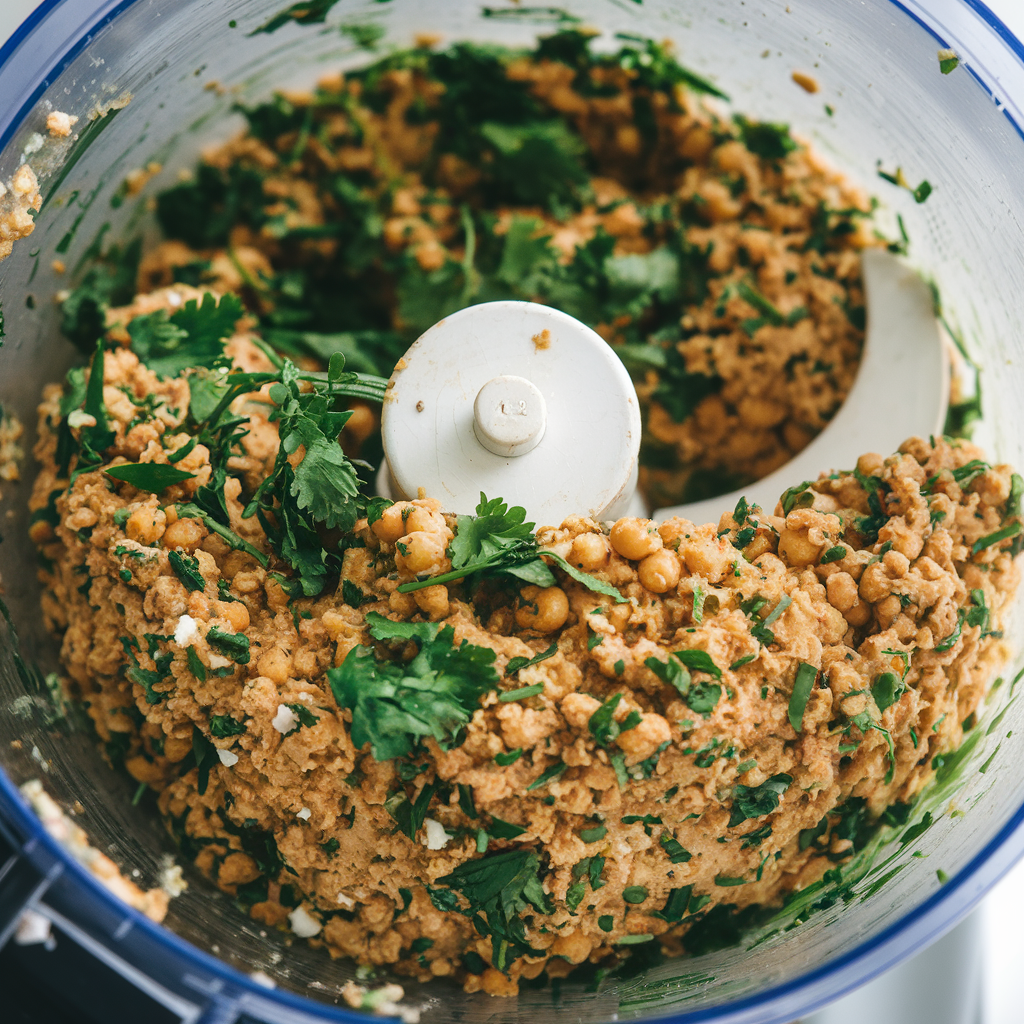 A close-up of a food processor filled with blended chickpeas, parsley, cilantro, garlic, and spices, forming the falafel mixture.