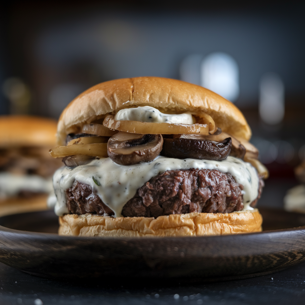 A close-up of a freshly cooked Truffle Mushroom Swiss Burger with a beef patty, melted Swiss cheese, sautéed mushrooms, caramelized onions, and truffle aioli.