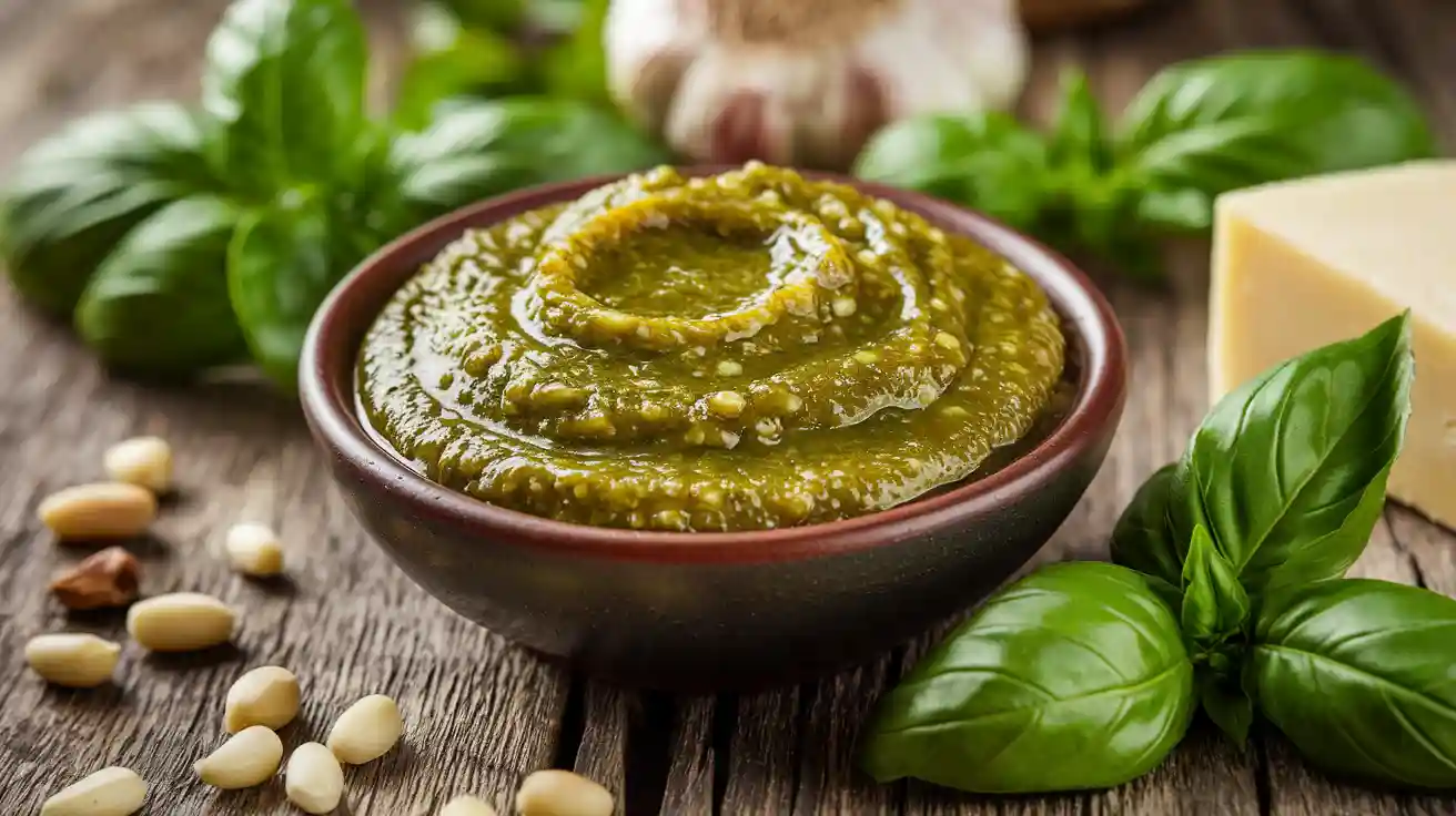 A close-up of a bowl of freshly made homemade pesto sauce, showcasing its vibrant green color and creamy texture, surrounded by fresh basil leaves, toasted pine nuts, and a drizzle of olive oil on a rustic wooden table.