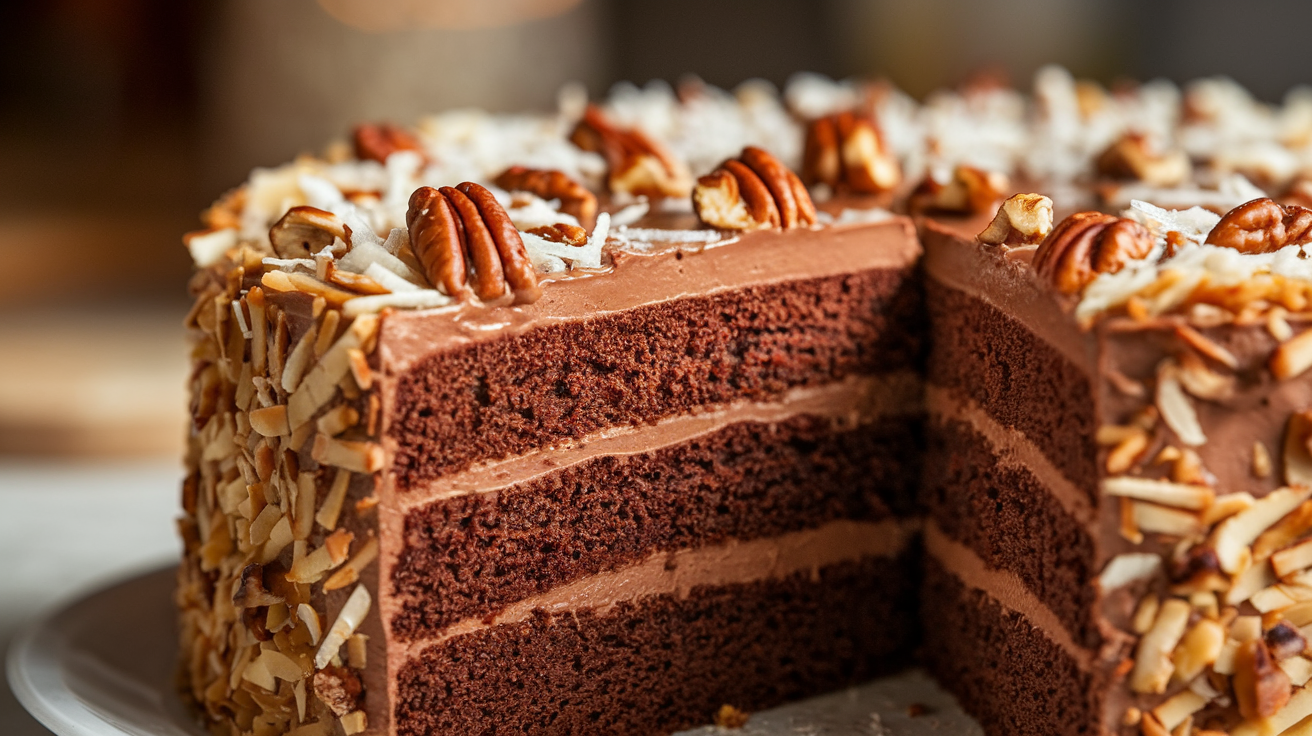 Close-up of a sliced German Chocolate Cake showing rich chocolate layers and coconut-pecan frosting.