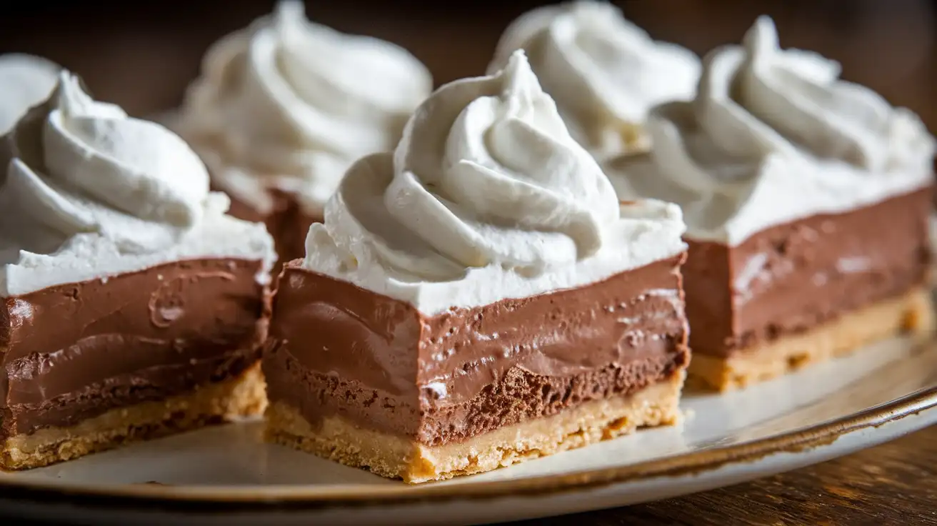 Close-up of French Silk Pie Bars with silky chocolate filling, buttery crust, and whipped cream topping.