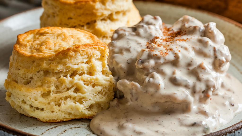 A close-up of freshly baked, golden-brown buttermilk biscuits covered in rich, creamy sausage gravy, served on a white plate.