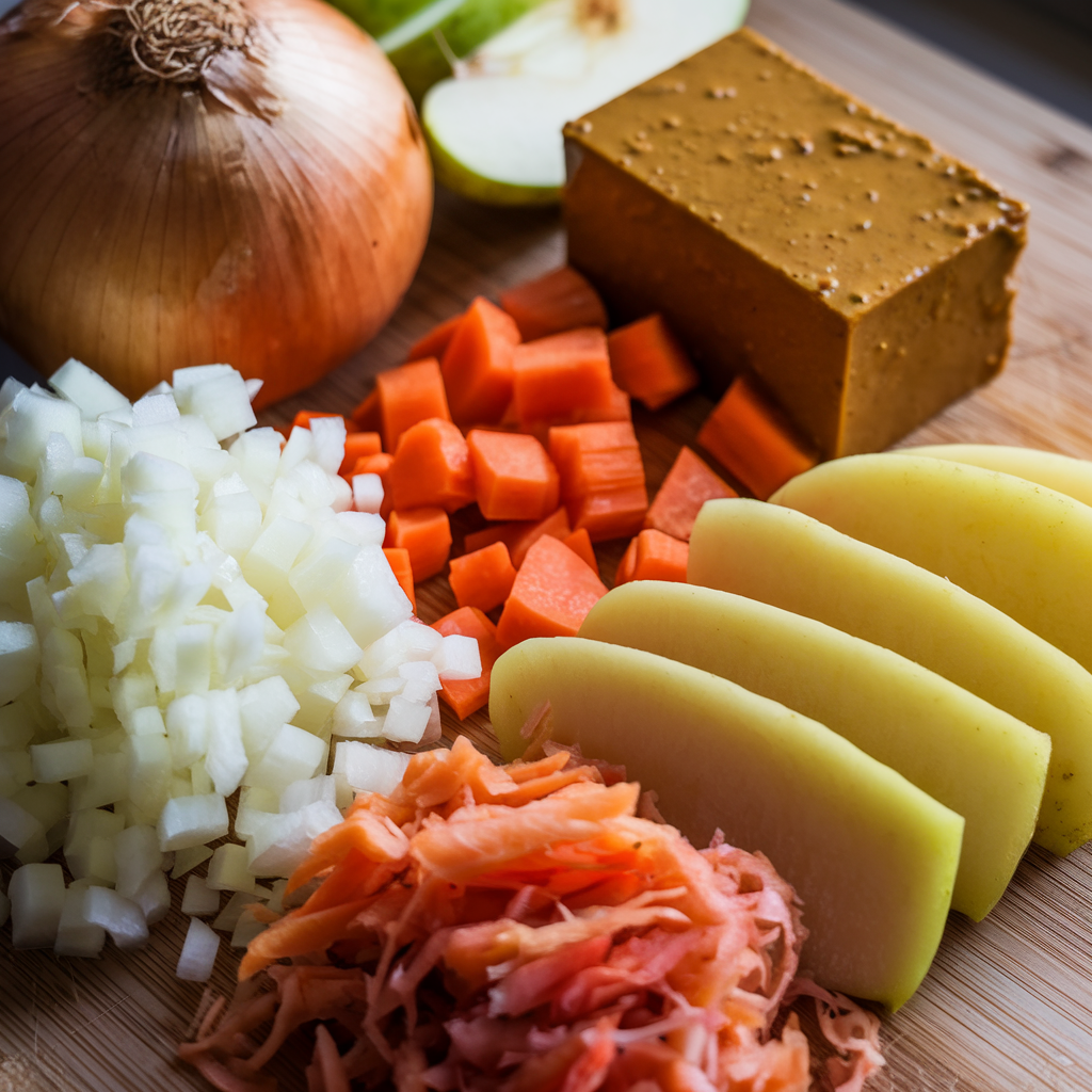 Fresh ingredients for Japanese curry: chopped onion, diced carrots, sliced potatoes, grated apple, and curry roux on a wooden cutting board."