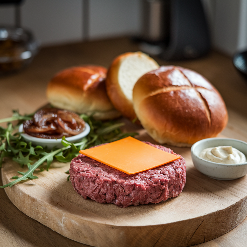 A close-up of raw Wagyu beef patty, cheddar cheese, brioche buns, arugula, caramelized onions, and garlic aioli on a wooden kitchen counter.