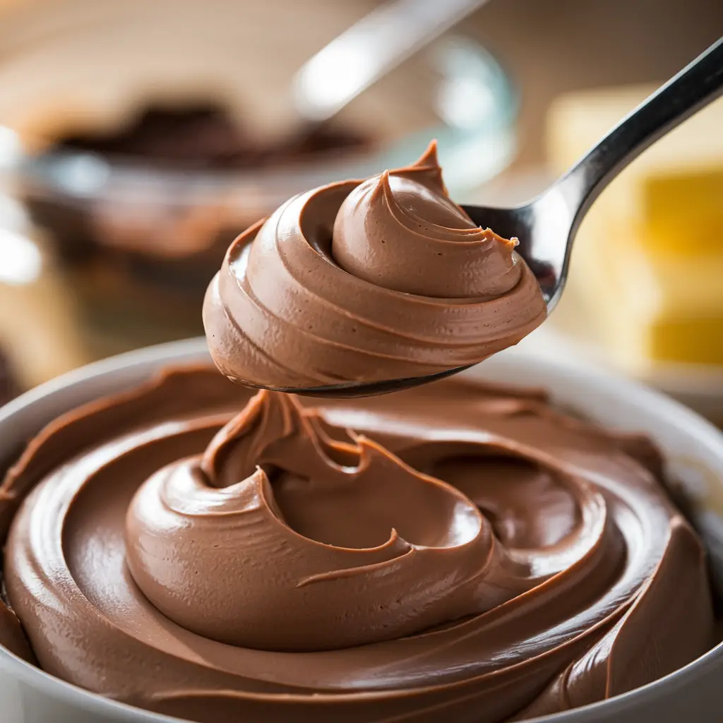 A spoon lifting silky chocolate filling, showing its smooth and airy texture.