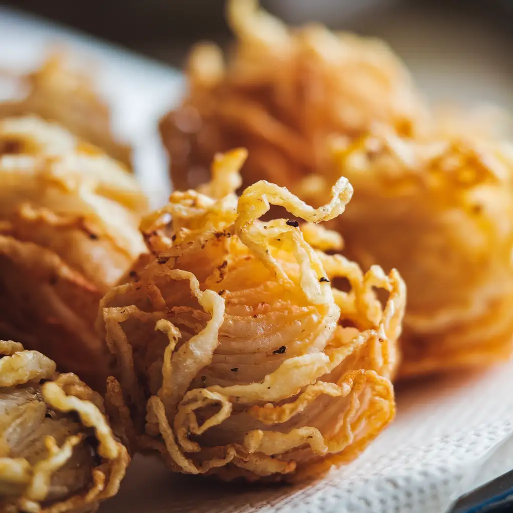 Close-up of crispy fried onions resting on a paper towel, golden brown and freshly made