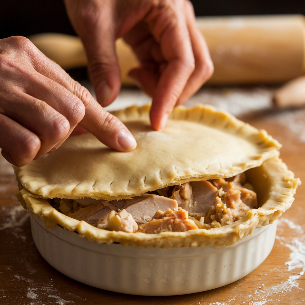 Close-up of hands placing the top crust over the turkey pot pie filling, sealing the edges by hand.