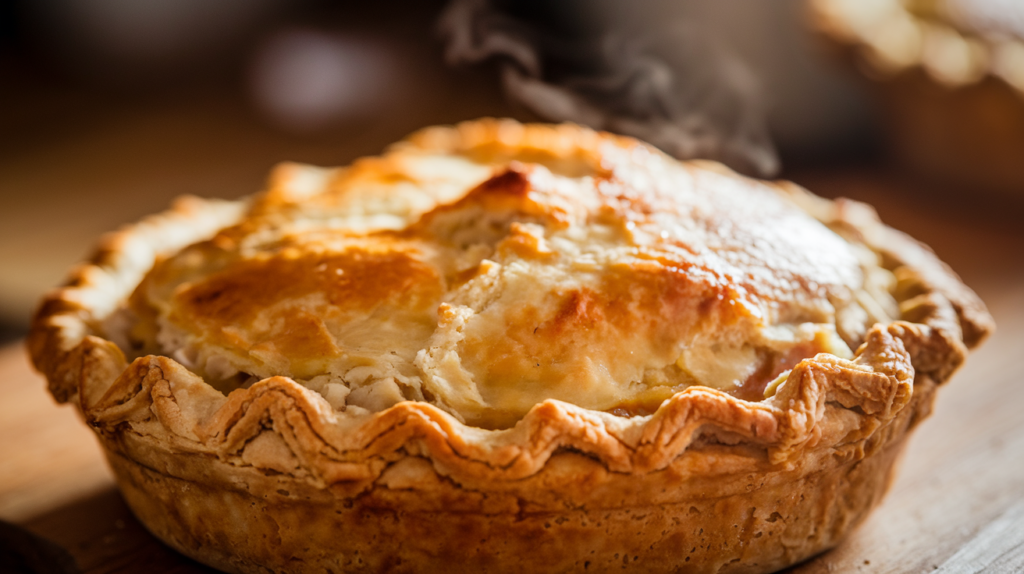 Close-up of a freshly baked turkey pot pie with a golden, flaky crust and visible steam vents.