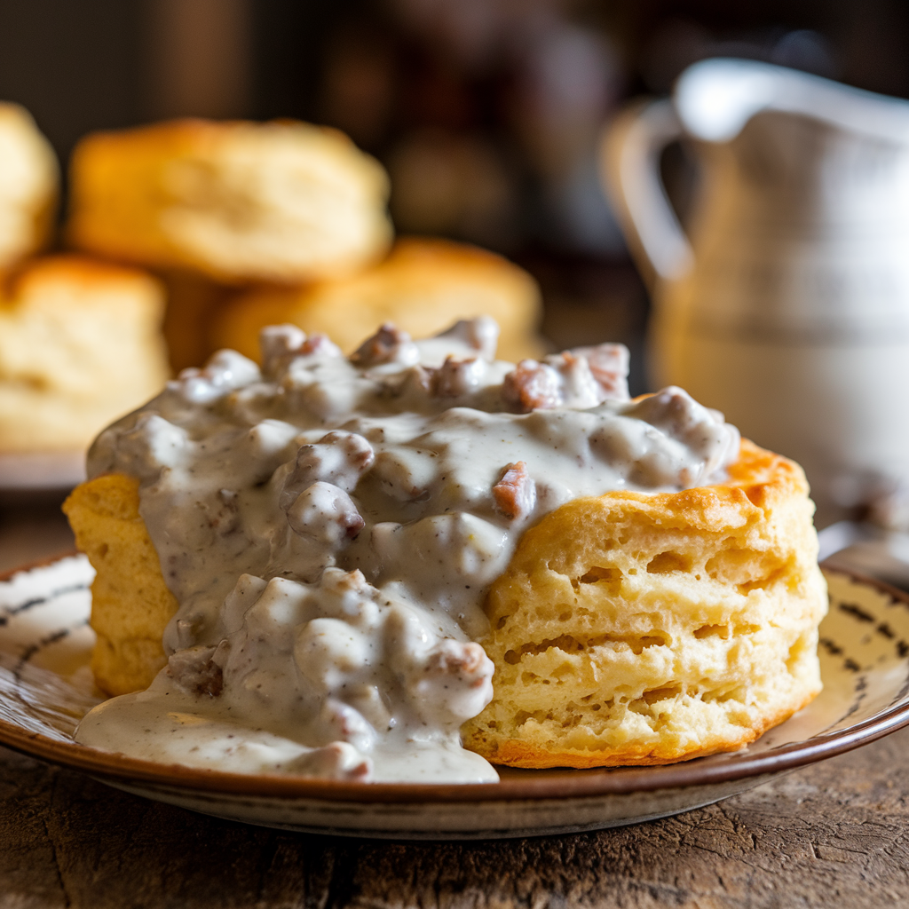 A close-up of sausage browning in a skillet, with a wooden spoon stirring crumbled pieces before adding flour and milk.