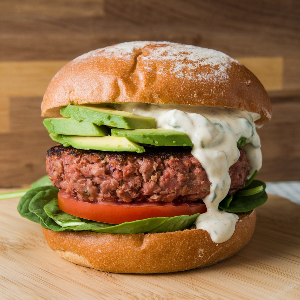 A close-up of a fully stacked vegan burger with a plant-based patty, avocado slices, spinach, tomato, and a whole wheat bun.