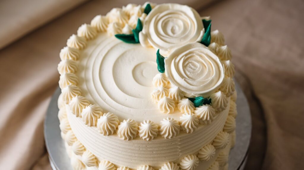 A beautifully decorated cake with perfect buttercream frosting, showcasing intricate piping details and a smooth, creamy texture.