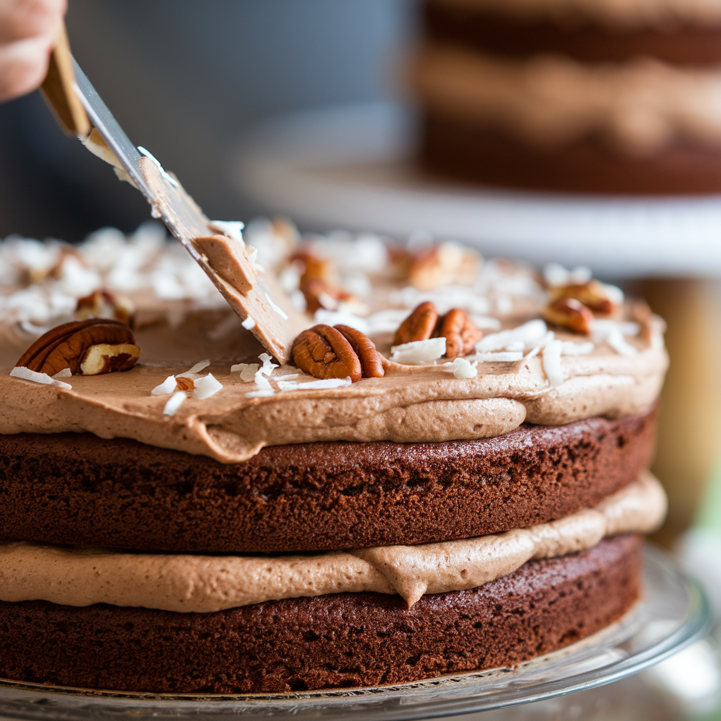 Close-up of coconut-pecan frosting being spread on a chocolate cake layer with an offset spatula.